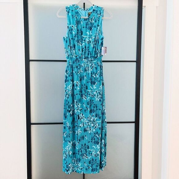 Taylor Pleated Dress Womens sz 8 Blue Floral Print Sleeveless Anthropologie NWT - Picture 1 of 9